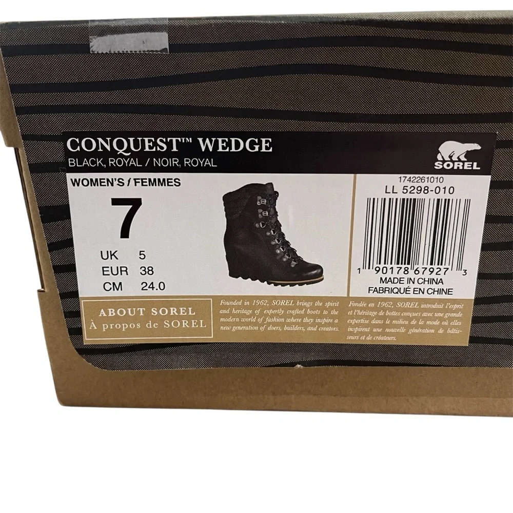 Sorel Conquest Waterproof Wedge Boot Color Black Royal Blue Women’s Size‎ 7